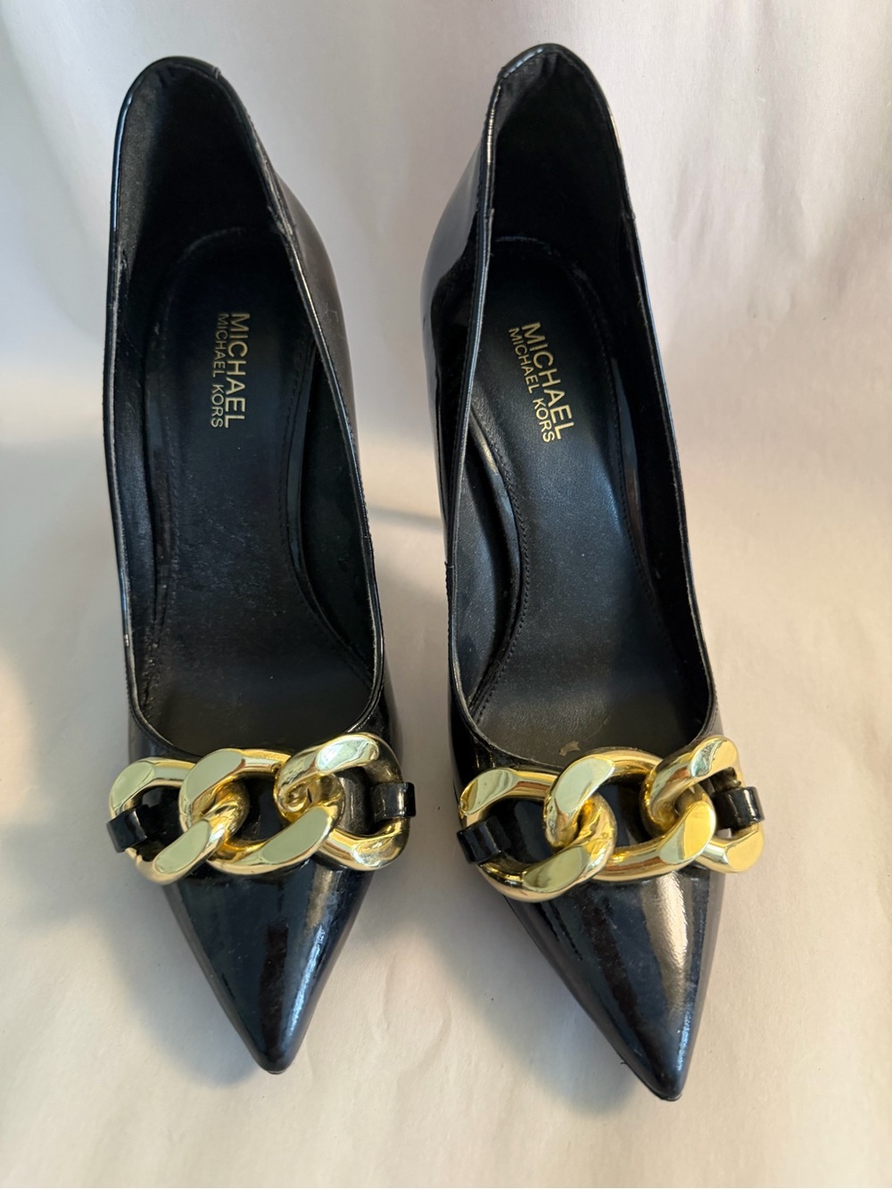 Michael Kors Black Patent Pointed-Toe Pumps with Gold Chain Accent